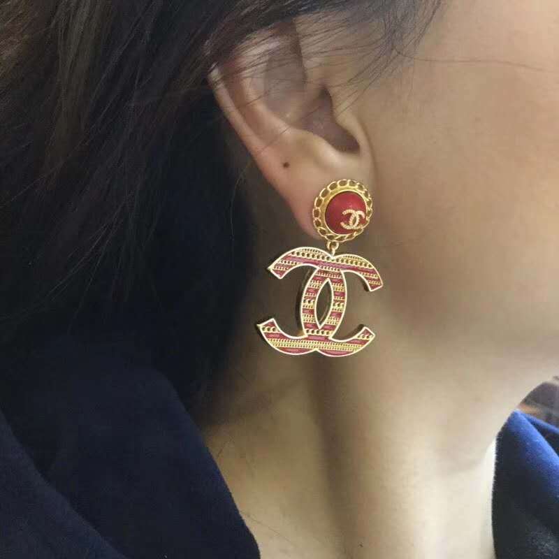 2020 Chanel  Earrings Red Enamel Stripe CC pendant post-stud fastening  Same as the geniune