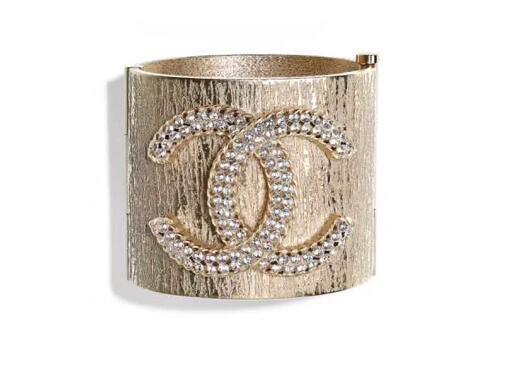 Chanel Costume Jewelry Sculptured Surface Wide Metal Cuff Bracelet Pave Setting Strass Logo Original Size Specification
