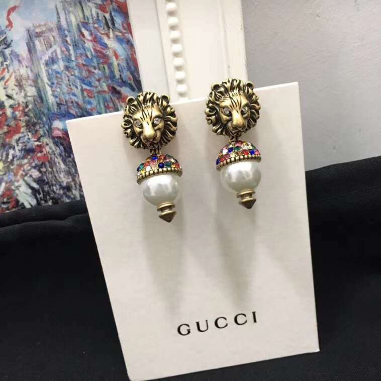 Gucci Age Gold Finish Lion head earrings with pearl Fashion Jewelry