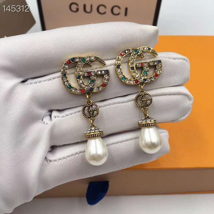 Double G Long Pearl Drop earbob dangling earring with Colorful Diamond