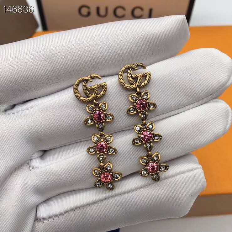 Gucci Interlock GG earring with long flower Pendant Red crystal