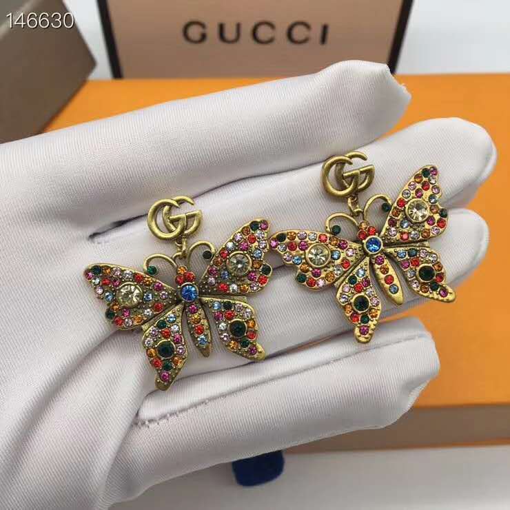 Gucci Colorful Crystal studded butterfly Earring in metal Brass Aged Gold Finish