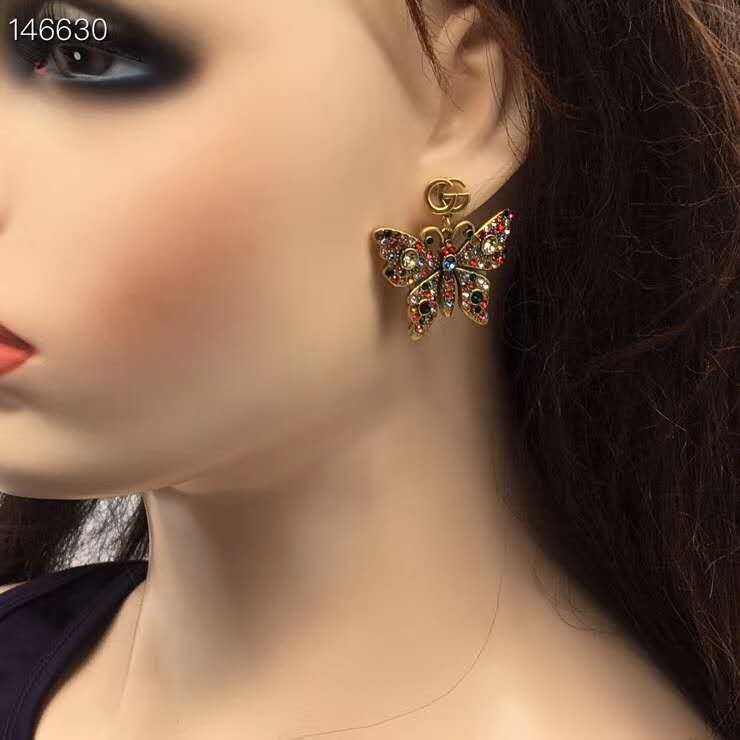 Gucci Colorful Crystal studded butterfly Earring in metal Brass Aged Gold Finish