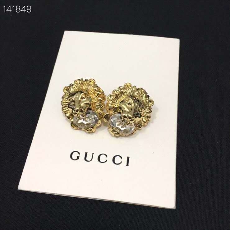 Gucci shiny gold finish Lion head earrings with crystal in mouth Pierced