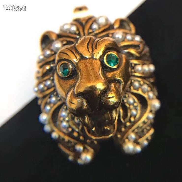 Gucci aged gold finish Lion head earrings with pearls green crystals eyes pierced