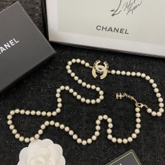 Chanel Long Yellow Pearl Necklace Black Leather Pendant Classic Elegant Style