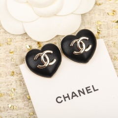 Chanel Black Leather Heart Stud Earring Brass