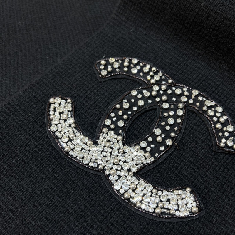 Chanel Black Cashmere Scarf Crystal Logo