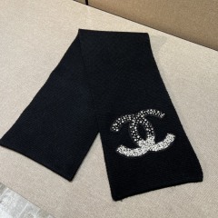 Chanel Black Cashmere Scarf Crystal Logo