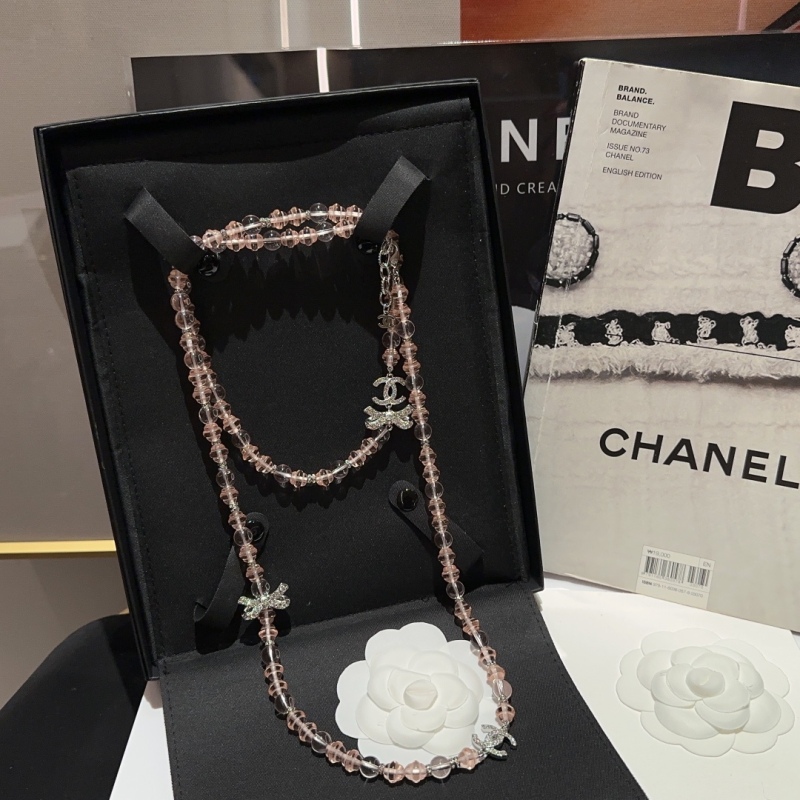Chanel Long Pink Crystal Necklace Strass CC Bowknot Charm same as the genuine 23 Spring Summer The Authentic Quality Replica