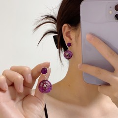Chanel Purple Crystal CC Monogram Long Pendant Stud Earring Replica Logo and details same as the genuine in the boutique