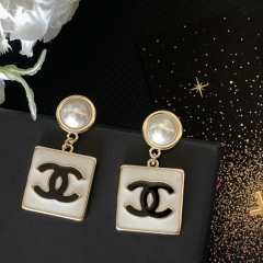 Chanel Oil Panting Square Pendant Big Pearl Stud Earring Replica Logo and details same as the genuine in the boutique