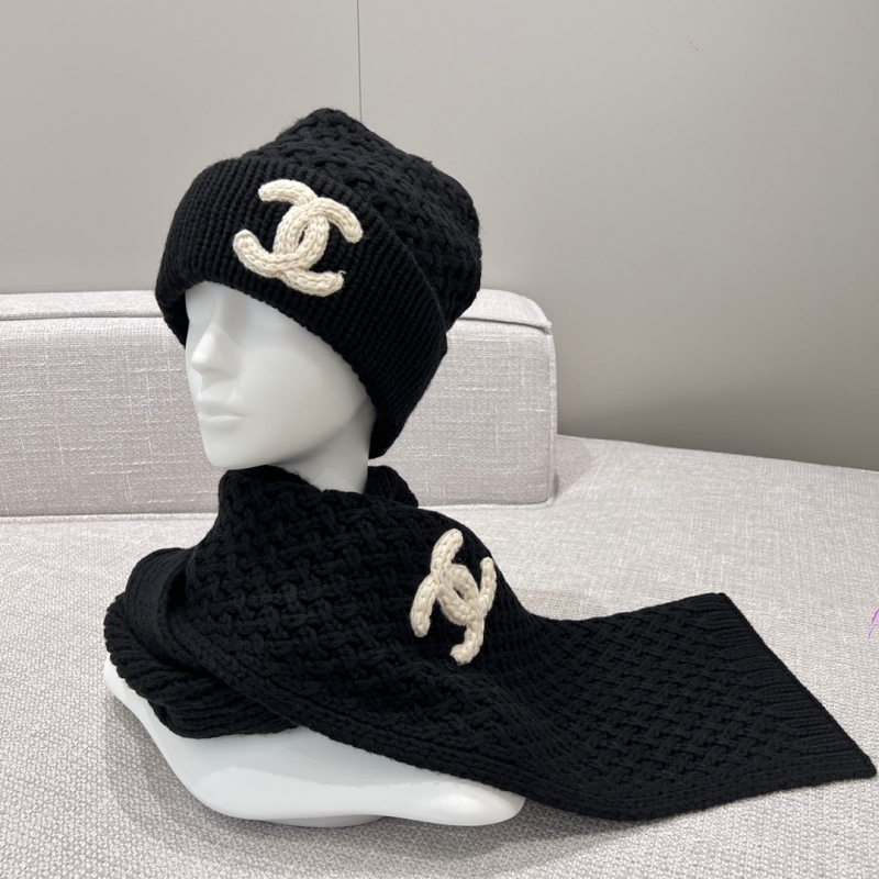 Chanel Replica Scarf Hat Set Black Cashmere Wool Kintted Thick White CC Embroidery Luxury Brand Factory Outlet Wholesale