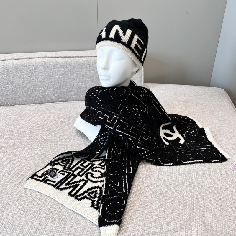 Chanel Replica Jacquard Scarf Hat Set Chequered with black and white Silk Cashmere Wool Kintted Thick Luxury Brand Factory Outlet Wholesale