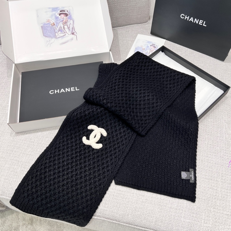 Chanel Replica Scarf Hat Set Black Cashmere Wool Kintted Thick White CC Embroidery Luxury Brand Factory Outlet Wholesale