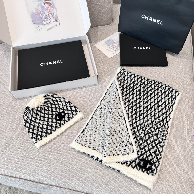 Chanel Replica Best Copy Scarf Hat Set White Black Diamond Pattern Cashmere Wool Combination Embroidery CC Luxury Brand Factory Outlet Wholesale