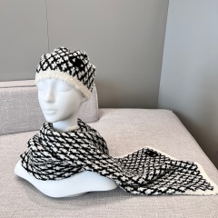 Chanel Replica Best Copy Scarf Hat Set White Black Diamond Pattern Cashmere Wool Combination Embroidery CC Luxury Brand Factory Outlet Wholesale