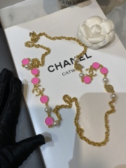 Chanel Top Replica AAA Copy 24C 2023/2024 Cruise Long Necklace Pink Coin Metal Glass Pearls Gold Pink Pearly White Necklace Factory Outlet Wholesale