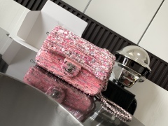 Chanel Shiny Worm Color Pink Sequins Lambskin Flap Bag Evening Bag 1:1 AAA vs Genuine Factory Outlet Wholesale