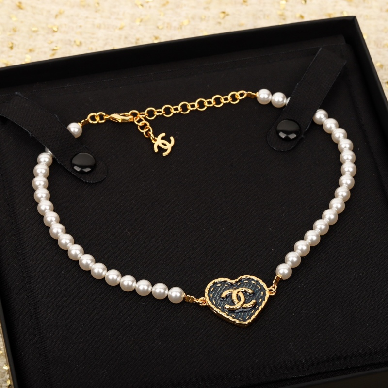 Chanel 24P Demin Heart Pearl Choker Short Necklace 1:1 AAA Top Quality