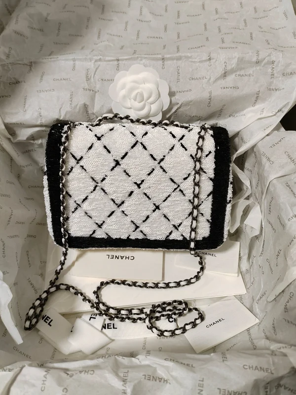 Chanel Spring Summer 2024 Pre-collection 24P SMALL FLAP BAG White Black Sequins Black 1:1 AAA Top Quality vs Genuine Factory Outlet Wholesale