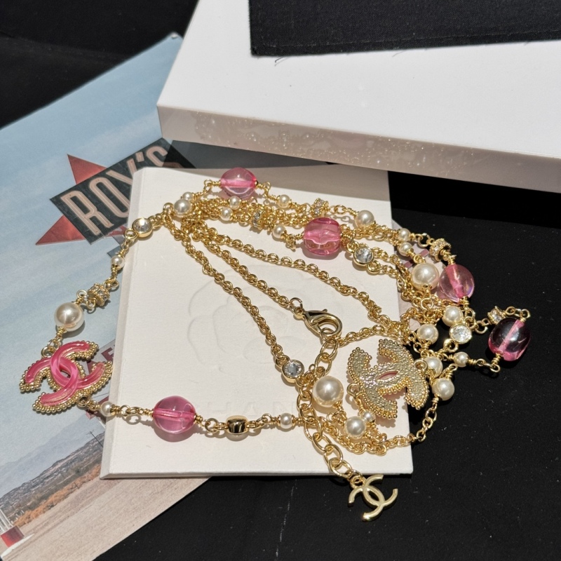Chanel 24P Costume Jewelry Long Necklace Pink CC Metal Resin Glass Pearls Strass Factory Outlet Wholesale Top 1:1 AAA vs Genuine
