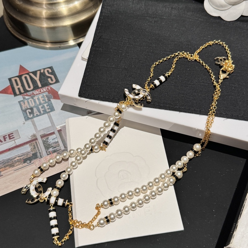 Chanel 24P Costume Jewelry Long Necklace Black White Enamel CC Metal Glass Pearls Factory Outlet Wholesale Top 1:1 AAA vs Genuine