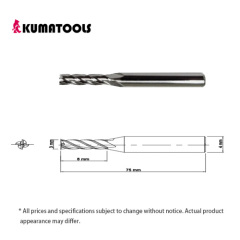 Uncoated Carbide Square End Mill, 4-Flute/Dia 3mm, Flute Length 8mm, Shank Dia 4mm, Overall Length 75mm
