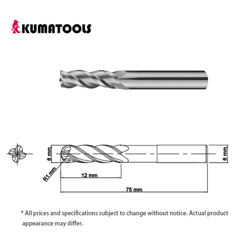 55HRC TIXCO Coated Carbide Radius End Mill, 4-Flute/Dia 6mm, R 1mm, Flute Length 12mm, Shank Dia 6mm, Overall Length 75mm