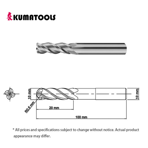 55HRC TIXCO Coated Carbide Radius End Mill, 4-Flute/Dia 10mm, R 0.5mm, Flute Length 20mm, Shank Dia 10mm, Overall Length 100mm