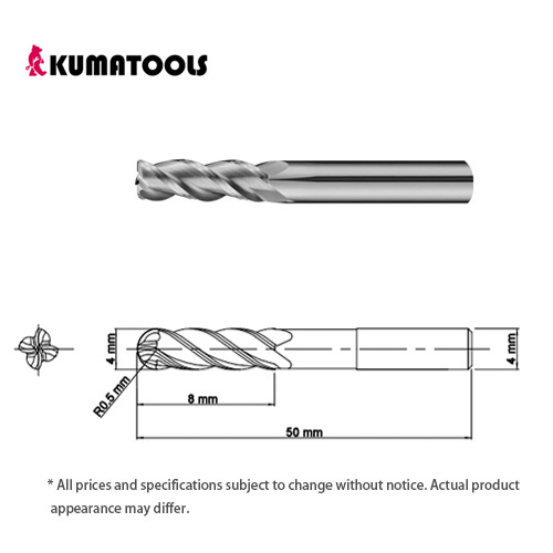 55HRC TIXCO Coated Carbide Radius End Mill, 4-Flute/Dia 4mm, R 0.5mm, Flute Length 8mm, Shank Dia 4mm, Overall Length 50mm