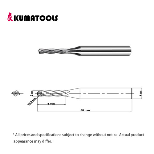 55HRC TIXCO Coated Carbide Radius End Mill, 4-Flute/Dia 2mm, R 0.3mm, Flute Length 4mm, Shank Dia 4mm, Overall Length 50mm