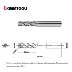 55HRC TIXCO Coated Carbide Radius End Mill, 4-Flute/Dia 16mm, R 1mm, Flute Length 32mm, Shank Dia 16mm, Overall Length 100mm