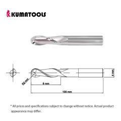 Uncoated Carbide Ball End Mill, 2-Flute/R 2mm, Flute Length 8mm, Shank Dia 4mm, Overall Length 100mm