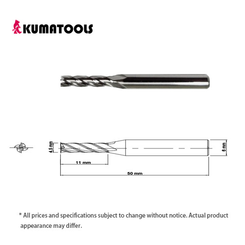 Uncoated Carbide Square End Mill, 4-Flute/Dia 4.5mm, Flute Length 11mm, Shank Dia 6mm, Overall Length 50mm