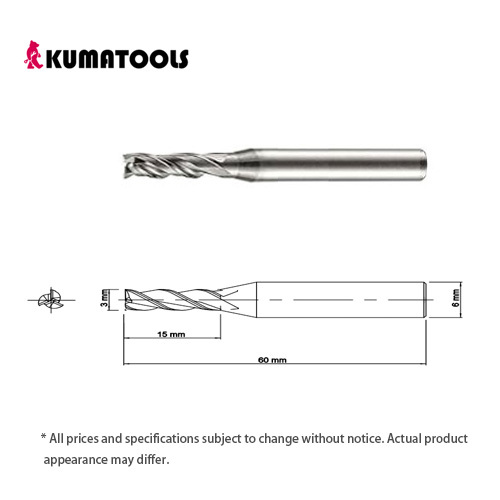 Uncoated Carbide Square End Mill, 3-Flute/Dia 3mm, Flute Length 15mm, Shank Dia 6mm, Overall Length 60mm