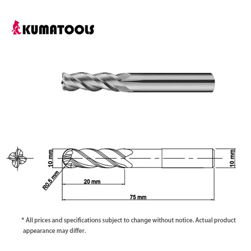 55HRC TIXCO Coated Carbide Radius End Mill, 4-Flute/Dia 10mm, R 0.5mm, Flute Length 20mm, Shank Dia 10mm, Overall Length 75mm