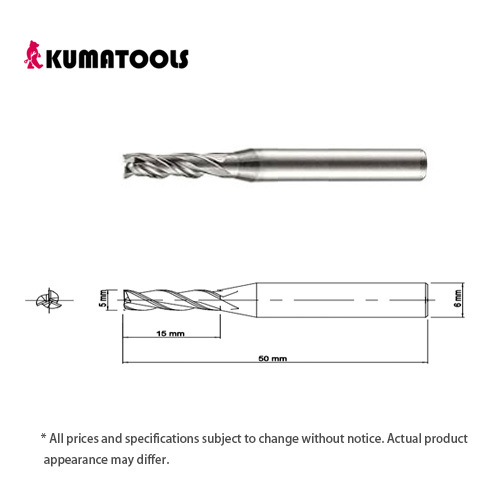 Uncoated Carbide Square End Mill, 3-Flute/Dia 5mm, Flute Length 15mm, Shank Dia 6mm, Overall Length 50mm