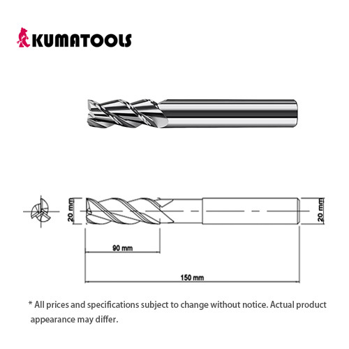 Uncoated Carbide Square End Mill, 3-Flute/Dia 20mm, Flute Length 90mm, Shank Dia 20mm, Overall Length 150mm