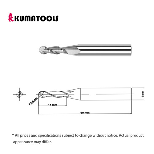 55HRC TIXCO Coated Carbide Ball End Mill, 2-Flute/R 3.5mm, Flute Length 14mm, Shank Dia 8mm, Overall Length 60mm