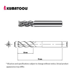 Uncoated Carbide Square End Mill, 3-Flute/Dia 6mm, Flute Length 30mm, Shank Dia 6mm, Overall Length 75mm