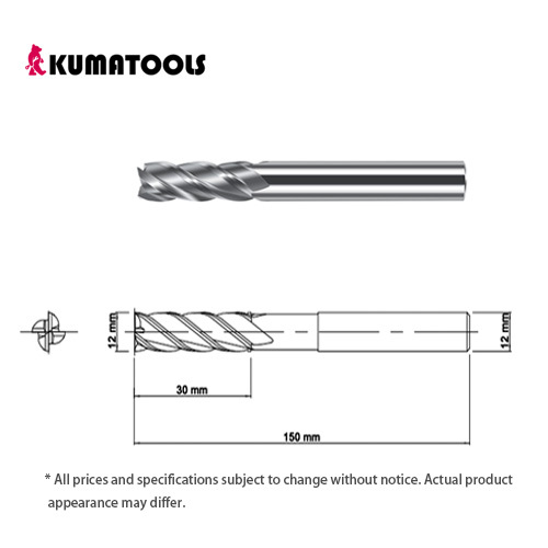 Uncoated Carbide Square End Mill, 4-Flute/Dia 12mm, Flute Length 30mm, Shank Dia 12mm, Overall Length 150mm