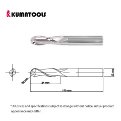Uncoated Carbide Ball End Mill, 2-Flute/R 6mm, Flute Length 24mm, Shank Dia 12mm, Overall Length 150mm