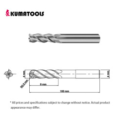 55HRC TIXCO Coated Carbide Radius End Mill, 4-Flute/Dia 4mm, R 0.5mm, Flute Length 8mm, Shank Dia 4mm, Overall Length 100mm
