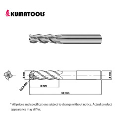 55HRC TIXCO Coated Carbide Radius End Mill, 4-Flute/Dia 4mm, R 0.3mm, Flute Length 8mm, Shank Dia 4mm, Overall Length 50mm