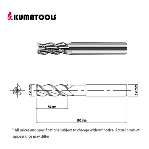 Uncoated Carbide Square End Mill, 3-Flute/Dia 12mm, Flute Length 55mm, Shank Dia 12mm, Overall Length 100mm