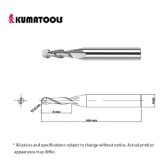 Uncoated Carbide Ball End Mill, 2-Flute/R 1.5mm, Flute Length 6mm, Shank Dia 4mm, Overall Length 100mm