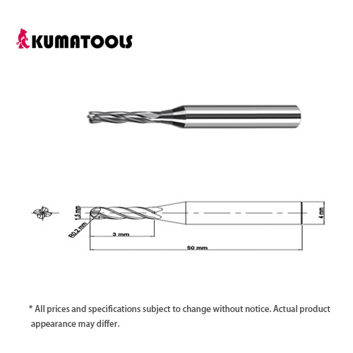 55HRC TIXCO Coated Carbide Radius End Mill, 4-Flute/Dia 1.5mm, R 0.2mm, Flute Length 3mm, Shank Dia 4mm, Overall Length 50mm