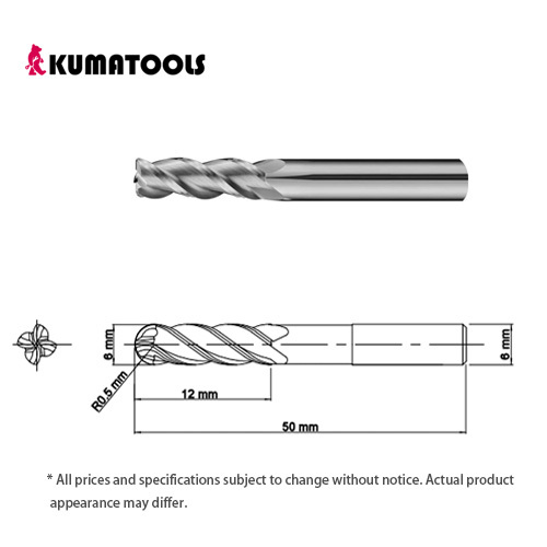 55HRC TIXCO Coated Carbide Radius End Mill, 4-Flute/Dia 6mm, R 0.5mm, Flute Length 12mm, Shank Dia 6mm, Overall Length 50mm
