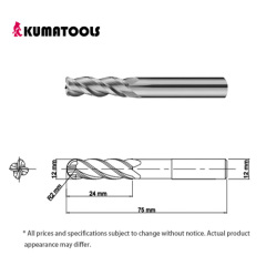 55HRC TIXCO Coated Carbide Radius End Mill, 4-Flute/Dia 12mm, R 2mm, Flute Length 24mm, Shank Dia 12mm, Overall Length 75mm